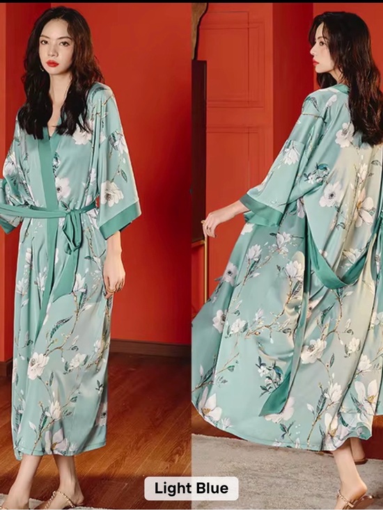 None Other - Light Blue Floral Silky Long Kimono Robe - Women Intimates & Sleepwear